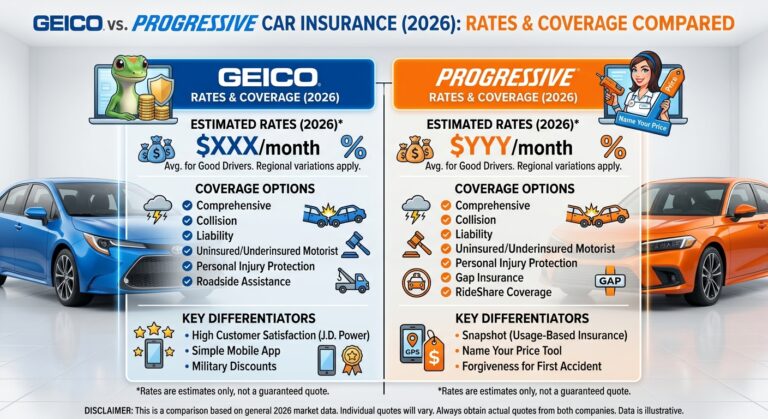 Geico vs. Progressive Car Insurance (2026): Rates & Coverage Compared